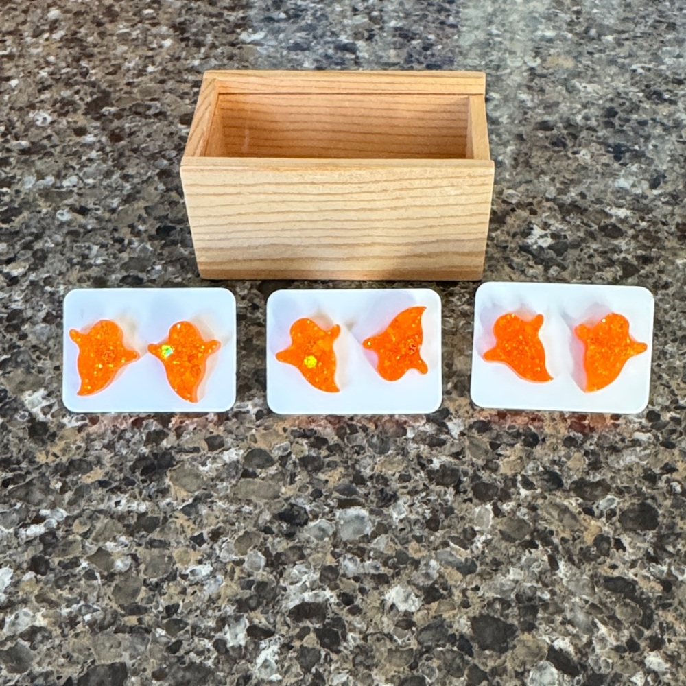 3 pair NEW Orange Halloween Ghost Earrings with a tiny Wooden Box